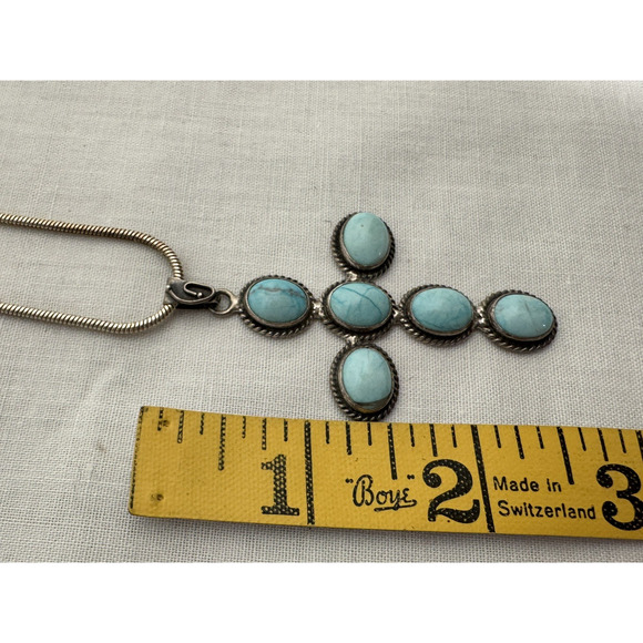 Turquoise Cross Necklace Pendant Large Sterling Silver Southwestern 14 gr - Picture 7 of 9